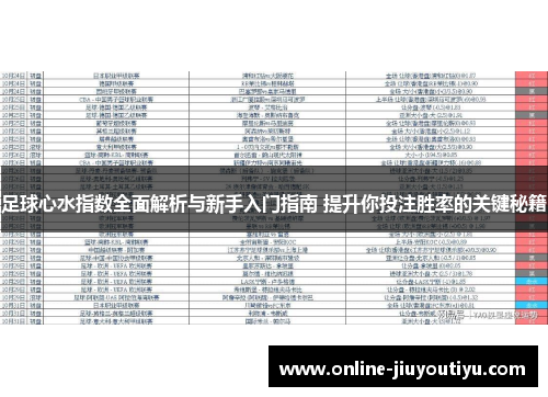 足球心水指数全面解析与新手入门指南 提升你投注胜率的关键秘籍 足球心水指数全面解析与新手入门指南 提升你投注胜率的关键秘籍